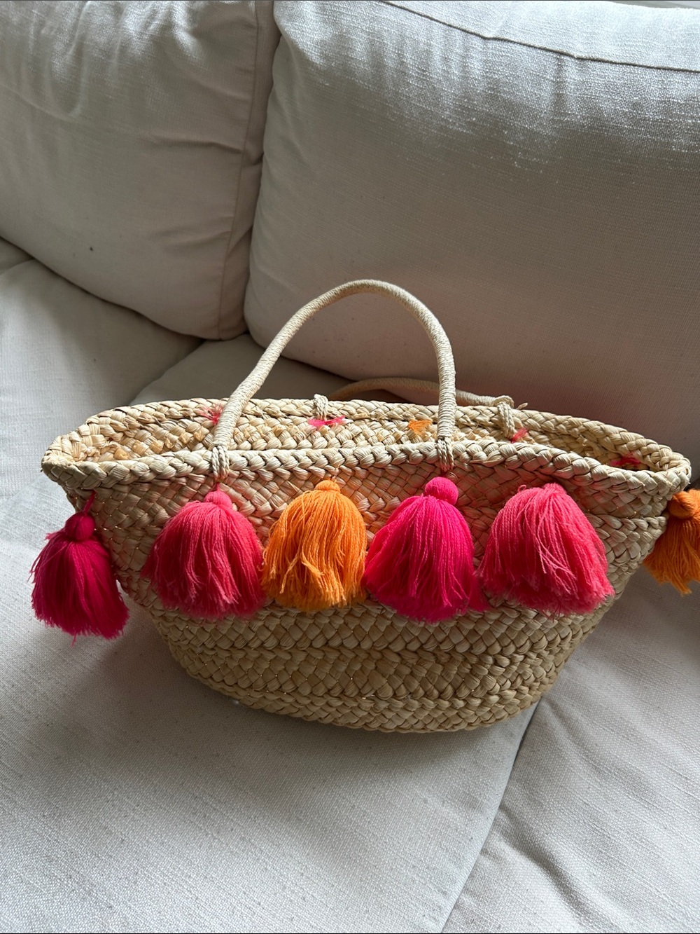 Straw Tote Bag with Pink & Orange Tassels - Kids Accessories